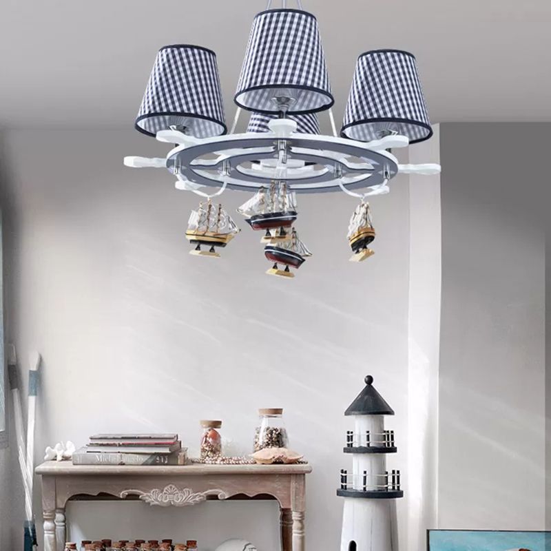 Rudder Study Room Chandelier with Plaid Shade & Ship Wood 4 Lights Nautical Pendant Light