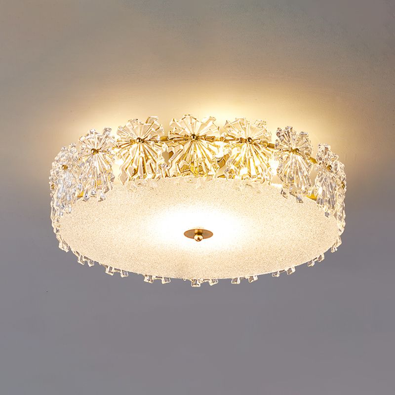 Gold Metal Flush Mount Light Fixtures Traditional Drum Semi Flush Ceiling Lamps with Glass Shade