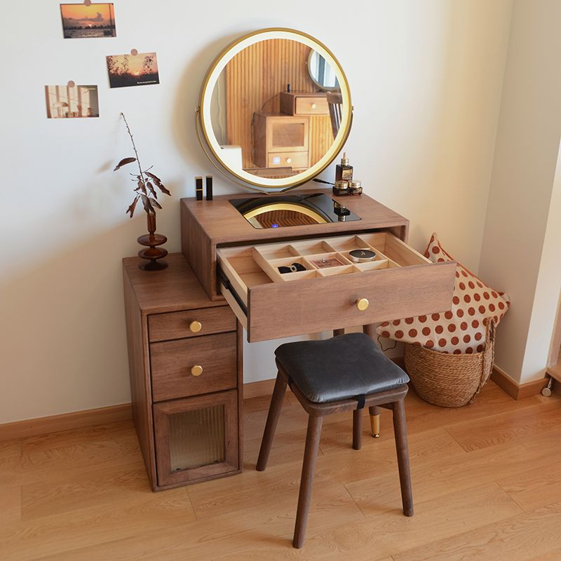 Solid Wood Dresser Table Storage Box Vanity Set with Makeup Table and Stool