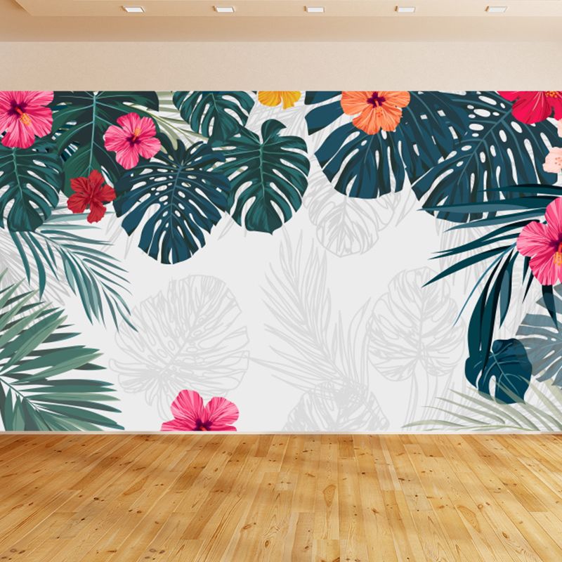 Full Size Illustration Tropical Mural Decal with Flowers and Leaves Landscape in White