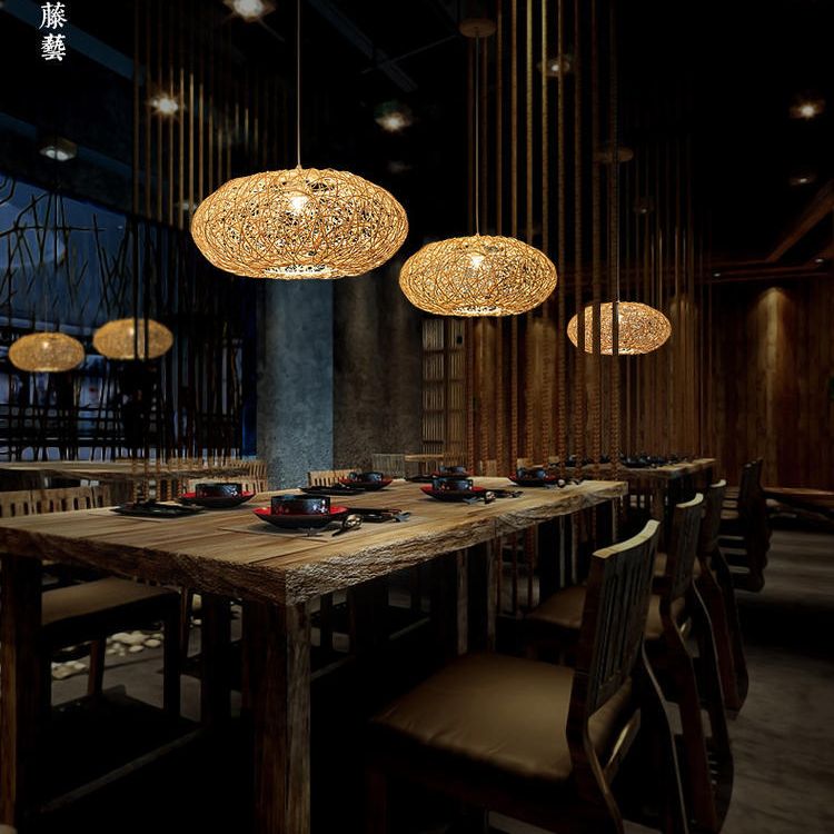 1 Light Rounded Drum Hanging Ceiling Lights Chinese Rattan Suspension Pendant Light for Restaurant
