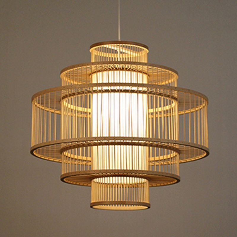 3-Shade Restaurant Hanging Light Bamboo 1 Head 16"/23.5"/31.5" Wide Asian Ceiling Pendant in Beige
