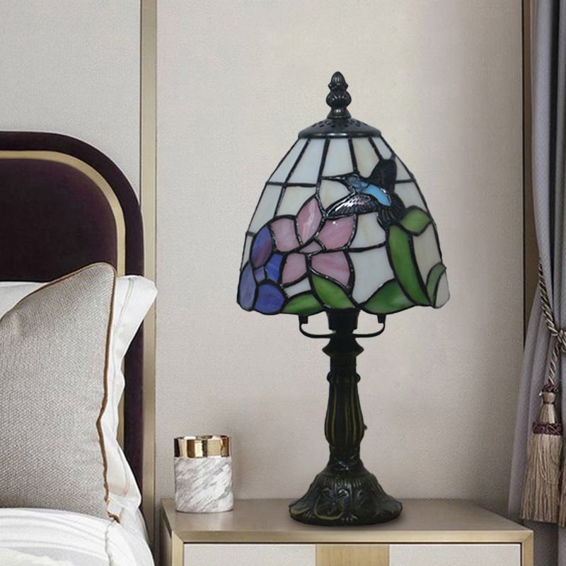 Beige/Pink Bowl Night Lamp Mediterranean 1 Bulb Hand Cut Glass Floral/Peacock Tail Patterned Table Lighting for Bedside