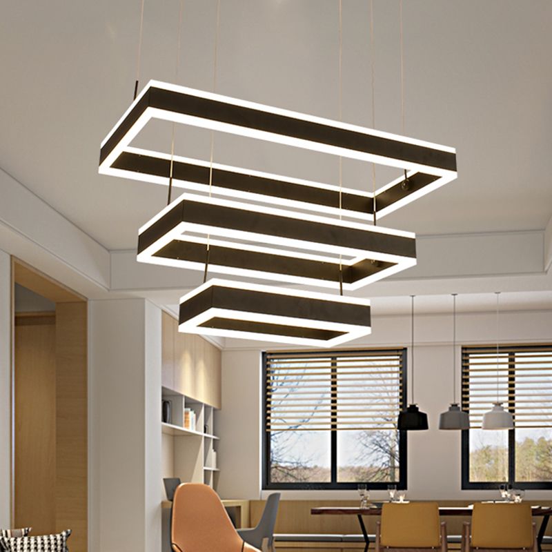 Minimalist Tiered Rectangle Chandelier Lighting Acrylic Living Room LED Pendant Light in Black