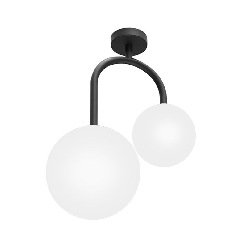 2 Heads Spherical Semi Flush Mount Modernist Milk Glass Ceiling Light Fixture in Black