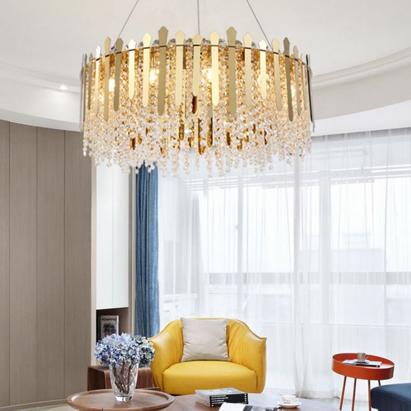 6 Lights Living Room Hanging Light Kit Brass Chandelier Light with Drum Crystal Strand Shade