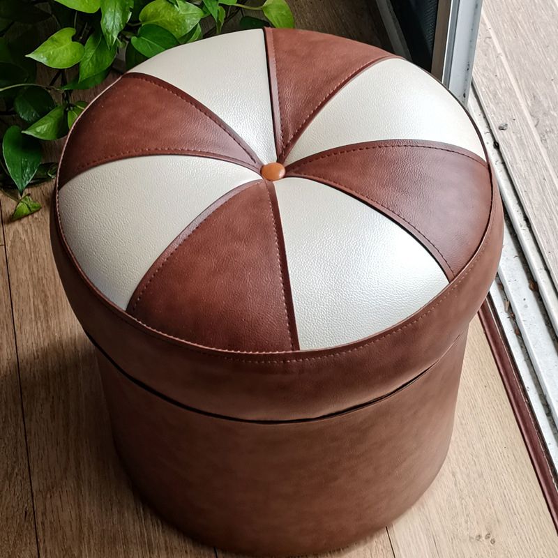 Mid-Century Modern Pouf Ottoman PU Leather Upholstered Tufted Patchwork Round Ottoman