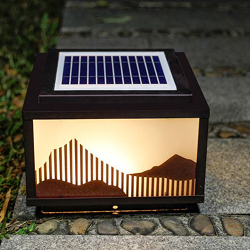 Rectangle Shape Metal Outdoor Light Modern 1 Light Solar Pillar Lamp in Brown