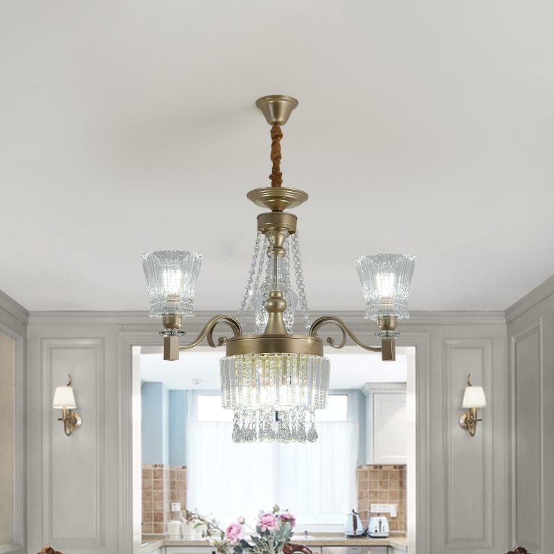 Modern Conical Pendant Lamp 6/9-Head Clear Crystal Chandelier Light Fixture in Gold for Bedroom