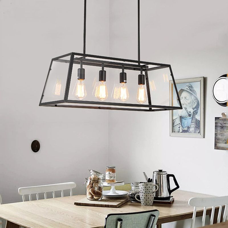 Industrial Glass Island Light Black 4 Lights Island Pendant for Restaurant
