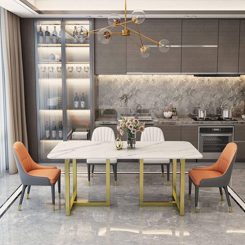 Rectangle Traditional Luxury Dining Table White Sintered Stone Table with Gold Double Pedestal