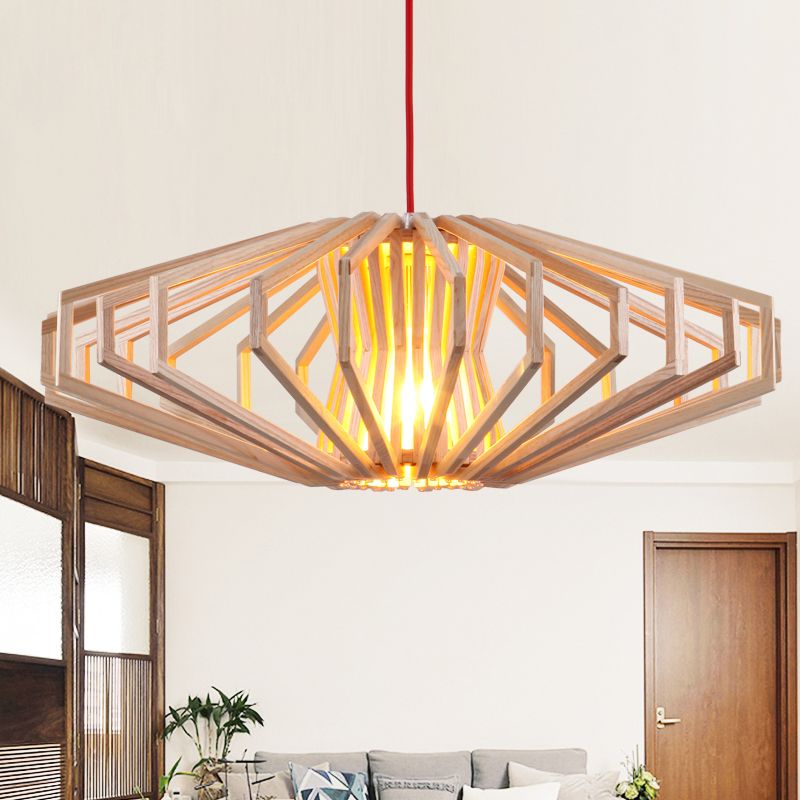 UFO Hollowed out Wood Ceiling Pendant Modern Single Beige Suspension Light for Bedroom