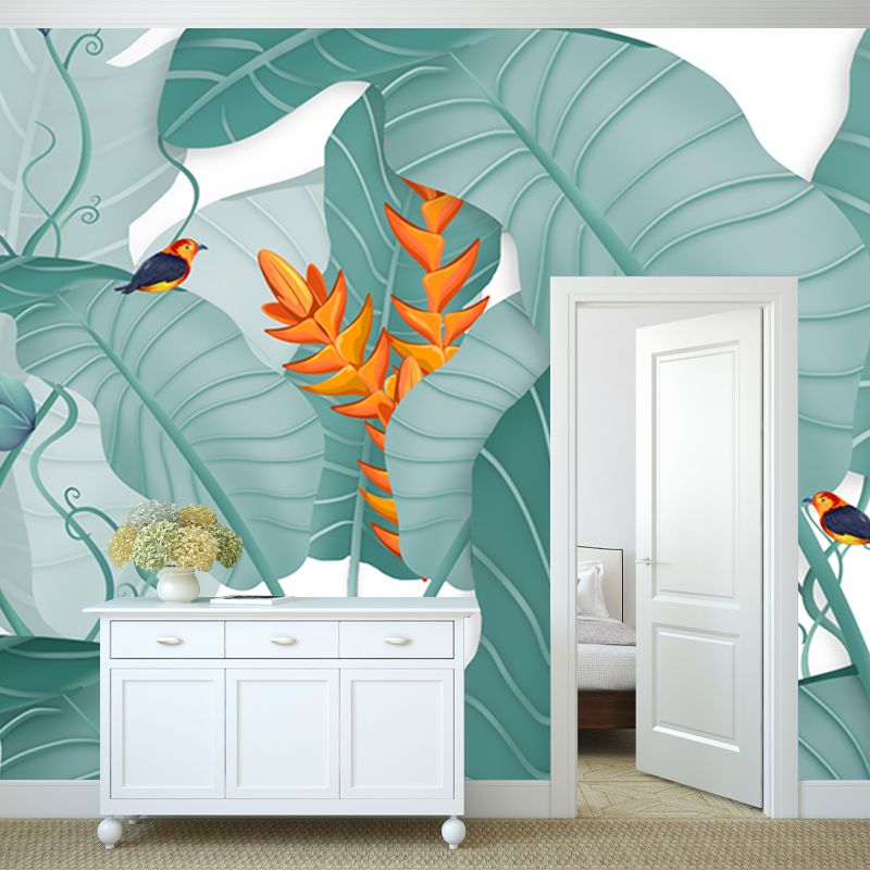 Tropics Plant Banana Leaves Mural Green Stain Resistant Wall Art for Living Room