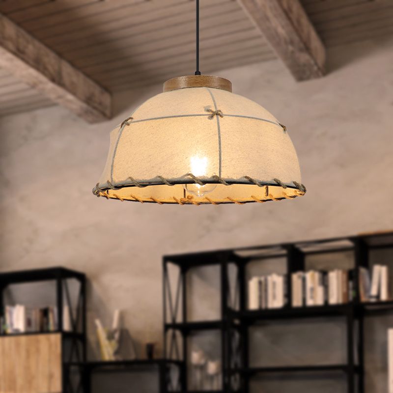 Dome Shade Ceiling Lamp Retro Stylish Fabric 1 Bulb Flaxen Hanging Pendant Light with Adjustable Cord, 14"/16" Dia