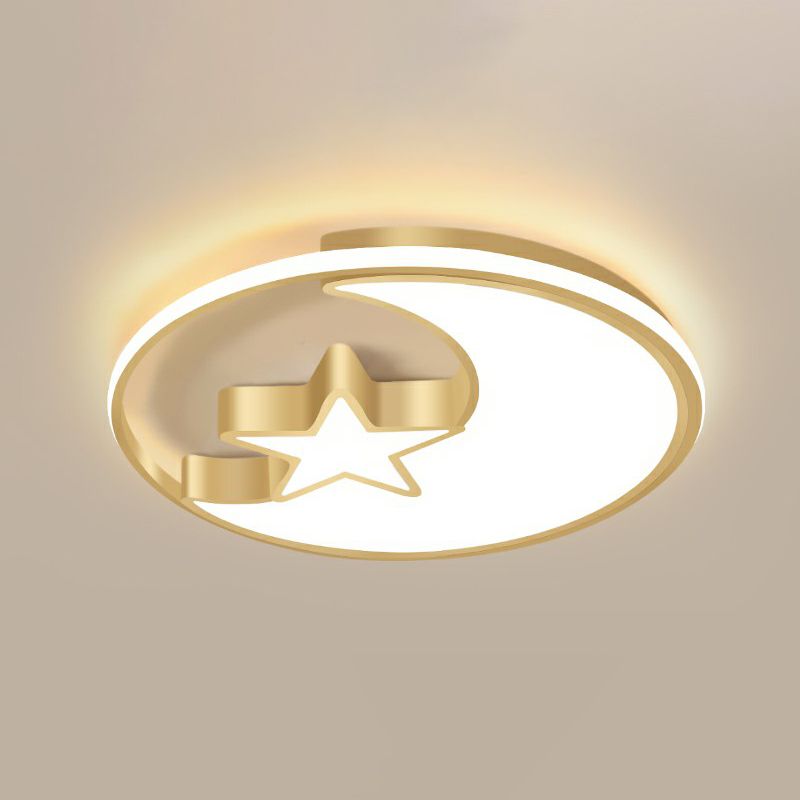 Metal Moon and Star Flushmount Light Simplizität Golden Ceiling Lamp for Childrens Bedroom