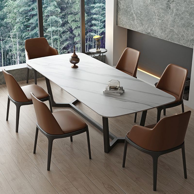 Rectangle Trestle Base Industrial Table White Fixed Table with Sintered Stone