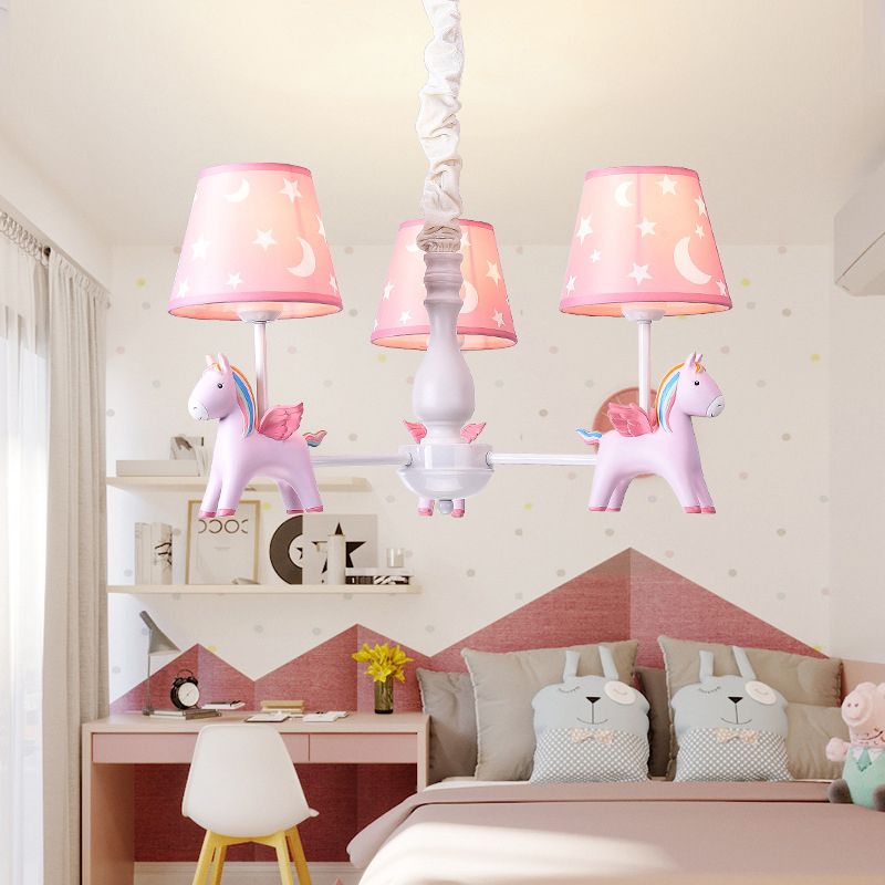 Rainbow Unicorn Ceiling Lighting Kids Style Resin Bedroom Chandelier Light Fixture with Tapered Fabric Shade