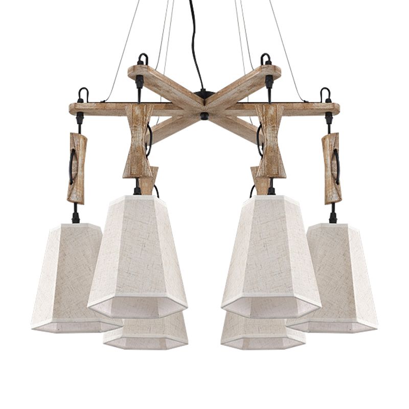 6 Heads Tapered Chandelier Lighting Industrial Black/White/Flaxen Wood Ceiling Suspension Lamp