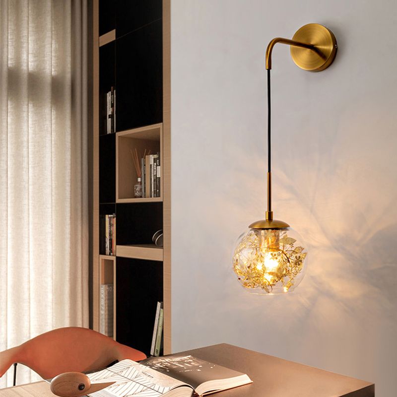 6"/8" W Simple Sphere Sconce Light Clear Glass 1 Light Silver/Gold Wall Mount Light Fixture with Shattered Leaf