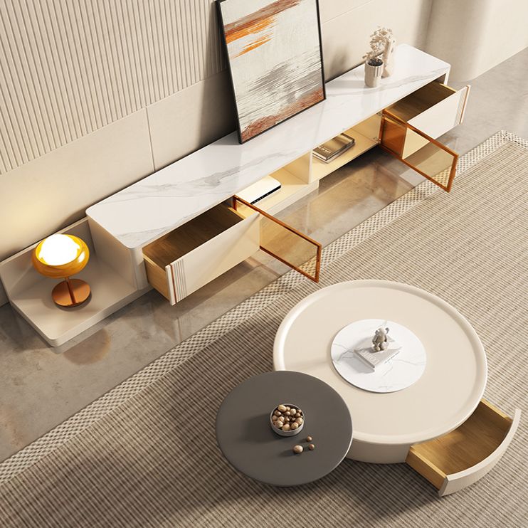 Contemporary Round Cream Coffee Table Set with Storage Drawer