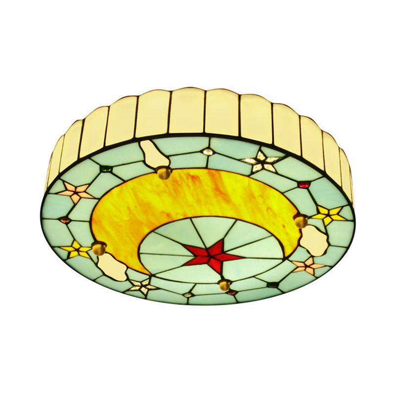12"/16" W Moon Flush Ceiling Light Modern Tiffany Stained Glass Semi Flush Mount Light in Blue