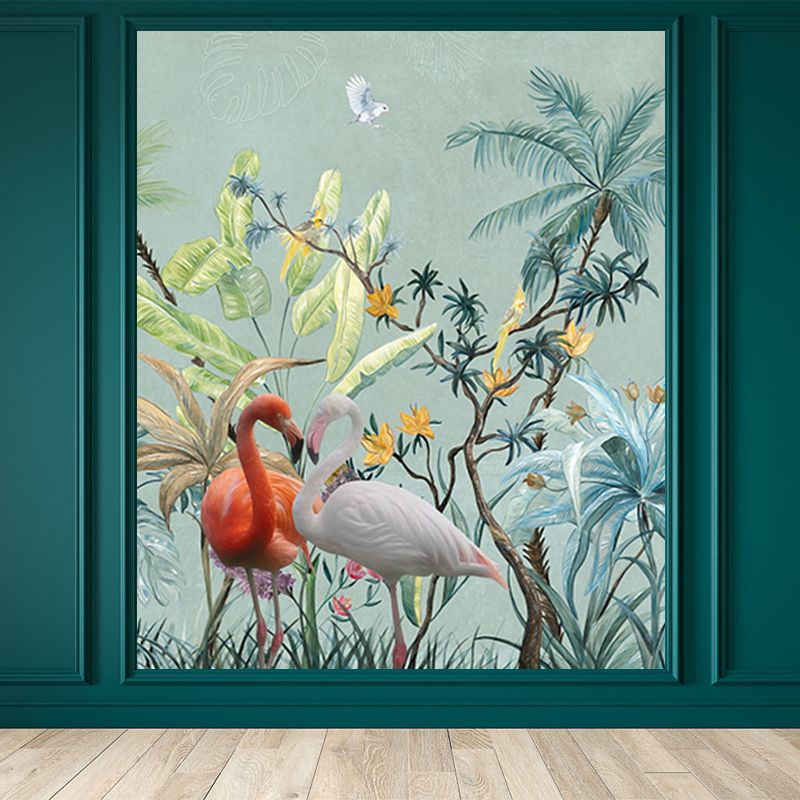 Big Flamingo Mural Decal Tropix Misty Lake Scenery Wall Art in Blue for House Interior