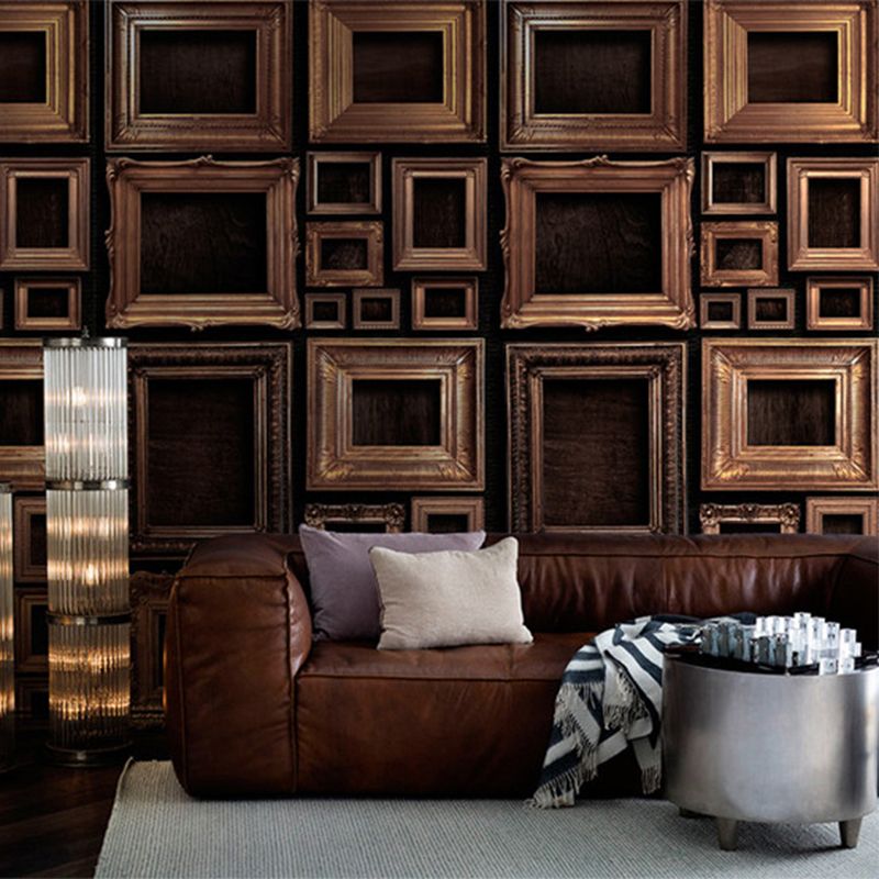 Retro Style Photo Frame Murals Wallpaper for Living Room Whole Wall Decor in Grey-Gold