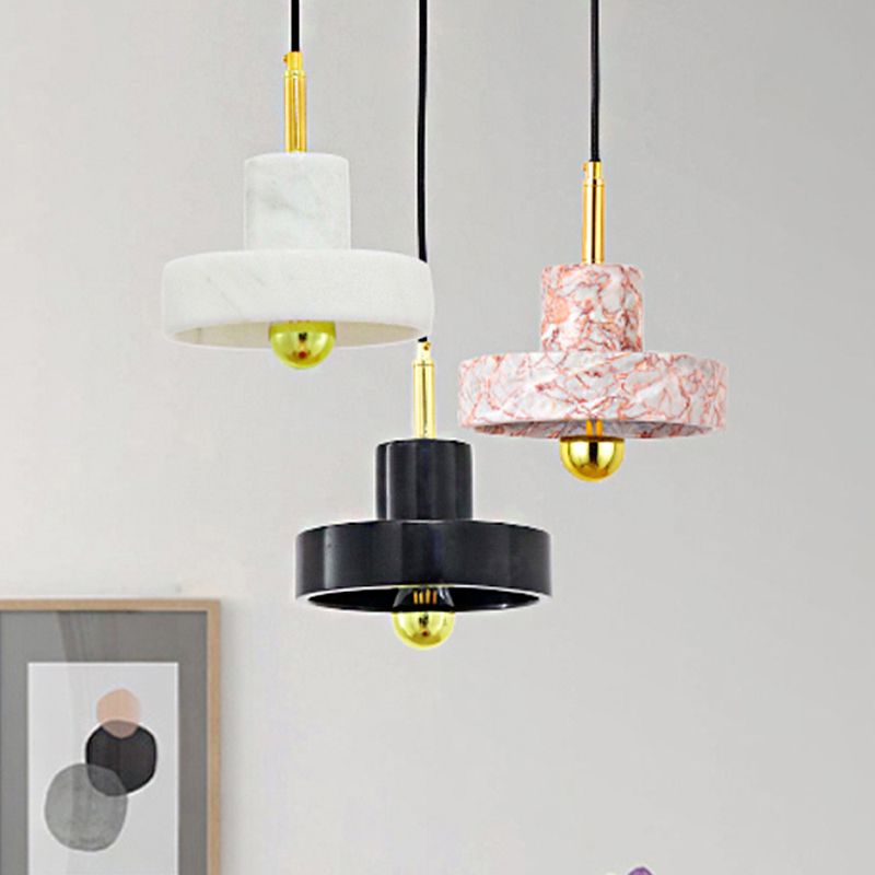Drum Pendant Lamp Contemporary Marble 1 Light Black/White/Pink Hanging Ceiling Light Fixture for Bedroom