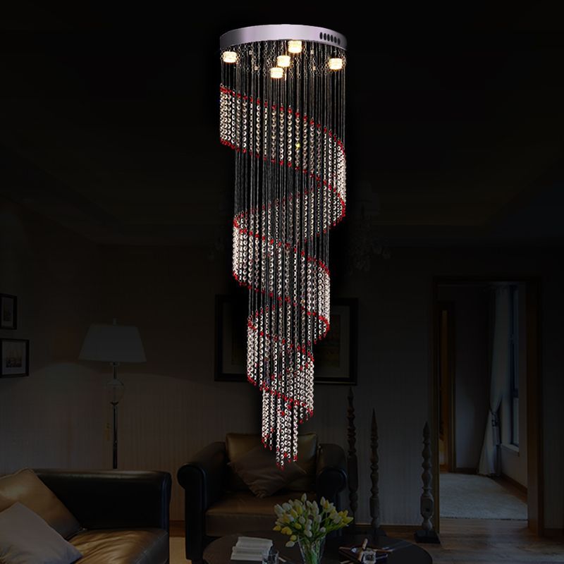 5 Bulbs Spiral Cascades Hanging Lamp Modernism Silver Clear and Red Crystal LED Multi Light Pendant