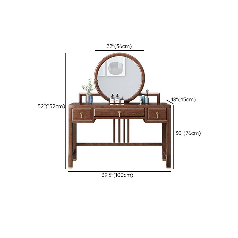 Traditional 3 Drawers Walnut Wood Mirrored Makeup Table Desk Vanity in Brown