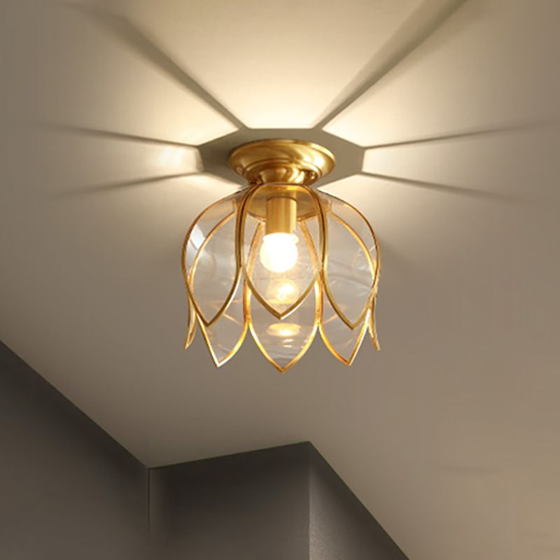 1 Bulb Lotus Ceiling Mount Colonial Brass Clear Glass Flush Light Fixture for Corridor