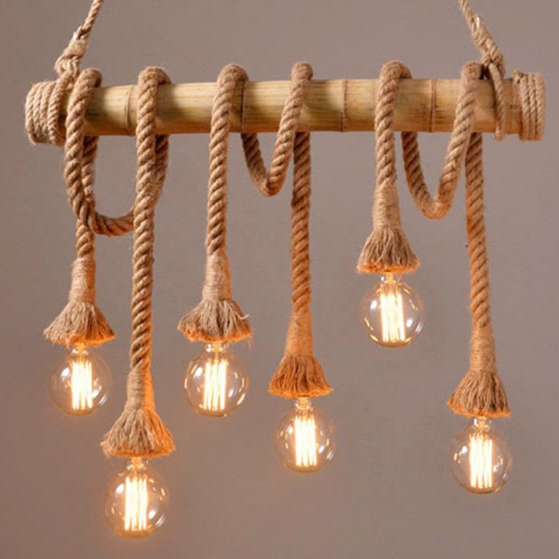 Vintage Hemp Rope Chandelier Industrial Retro Linear Exposed Bulb Bamboo Pendant for Restaurant