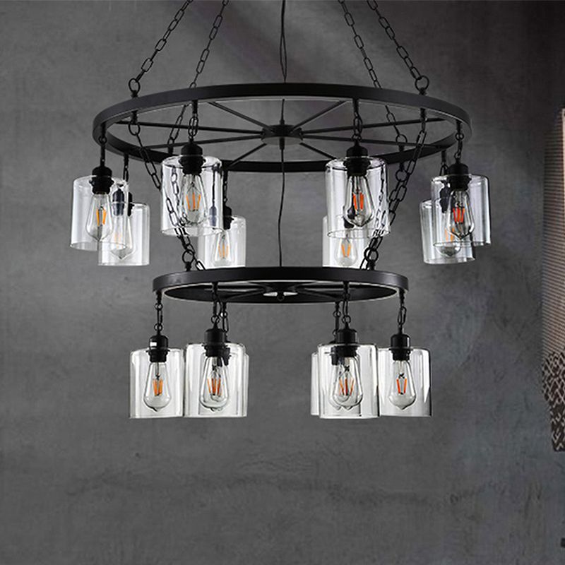 14 Lights Ceiling Light Traditional Two-Tiers Clear Glass Hanging Chandelier in Black with Cylinder Shade