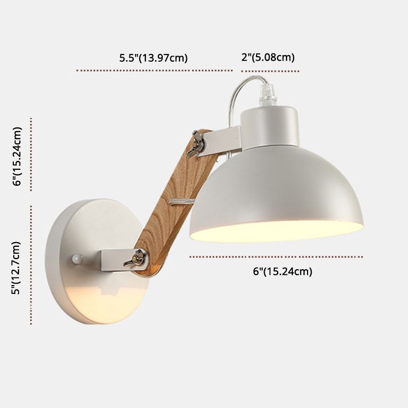 Industrial Wall Lamp with Wood Swing Arm Dome Metal Shade Wall Mount Light for Bedroom Bedside