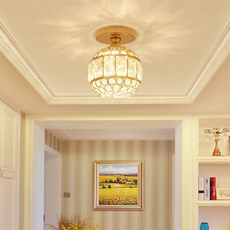 Global Crystal Semi Flush Ceiling Light Modern 1 Head Gold Flush Mount for Foyer