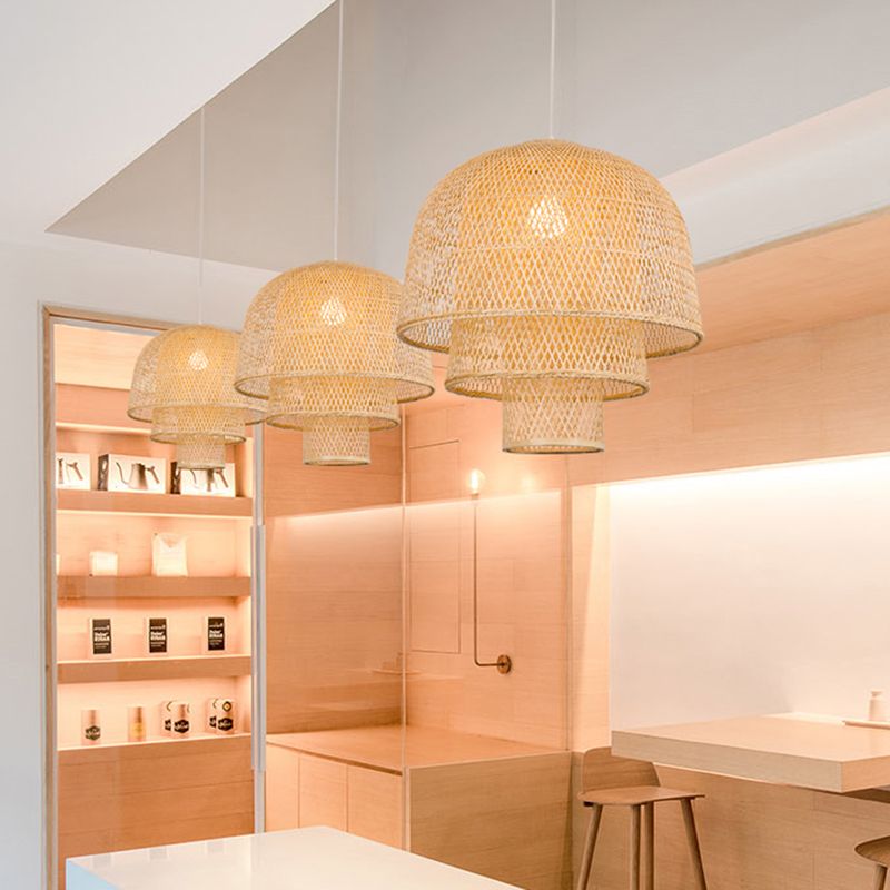 1-Light Rattan Japanese Pendant Light Beige Down Lighting for Dining Room