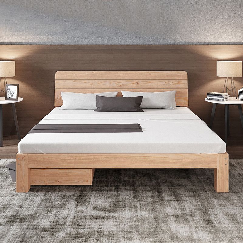 Scandinavian Solid Wood Panel Bed with Rectangular Headboard