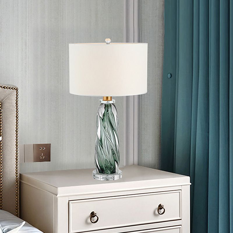 Fabric Cylindrical Task Light Contemporary 1 Head White Nightstand Lamp with Twist Pewter Glazed Crystal Base