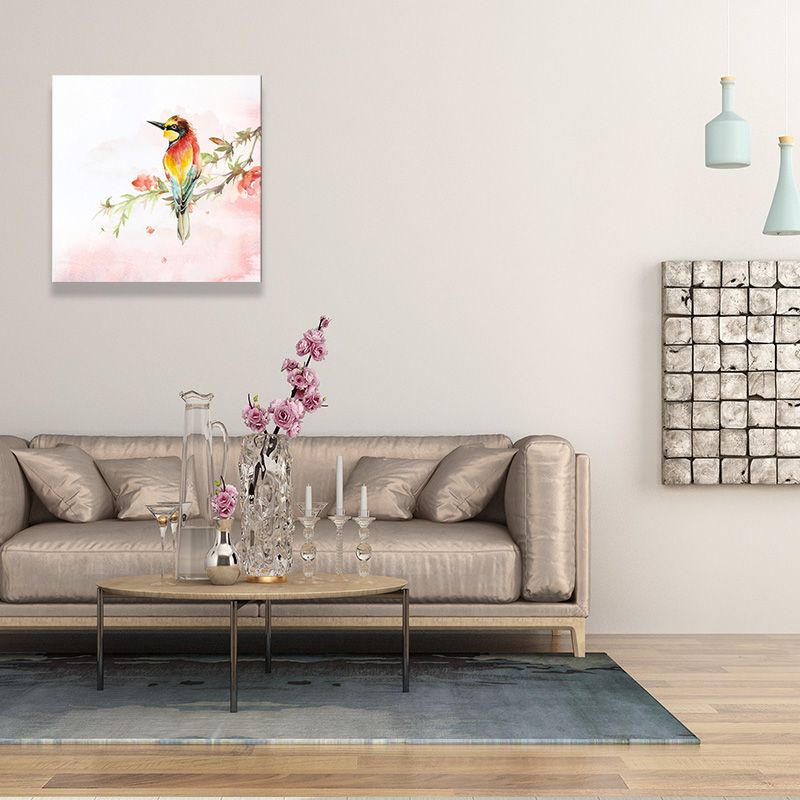 Flower Branch Magpie Canvas Print Textured Childrens Art Living Room Wall Decor in Pink