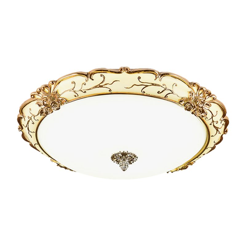 Plafonnier LED en verre opale à bordure florale, style vintage, pour chambre à coucher, 14/16/19,5 pouces de large, en laiton