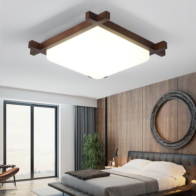 Square Bedroom Flush Light Acrylic Nordic Style LED Flush Ceiling Light Fixture in Wood