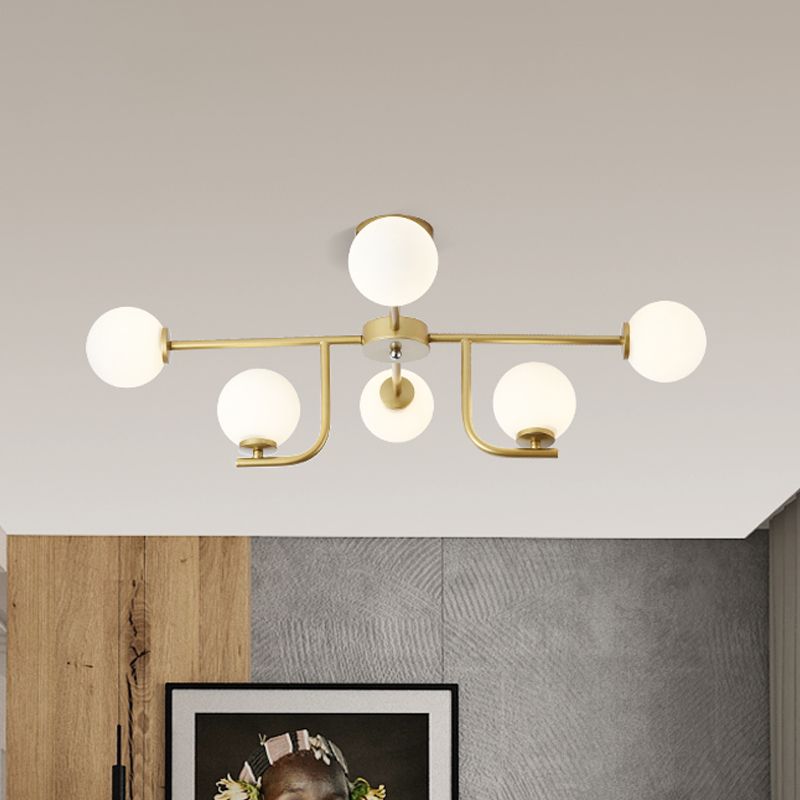 Semi-plafondlamp met meerdere staven met glazen bol, modern metaal, 6/10 koppen goud, inbouwmontage voor woonkamer