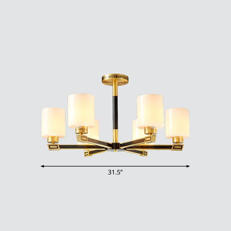 Satin Opal Glass Cylinder Ceiling Light Antique Living Room Chandelier in Black and Brass