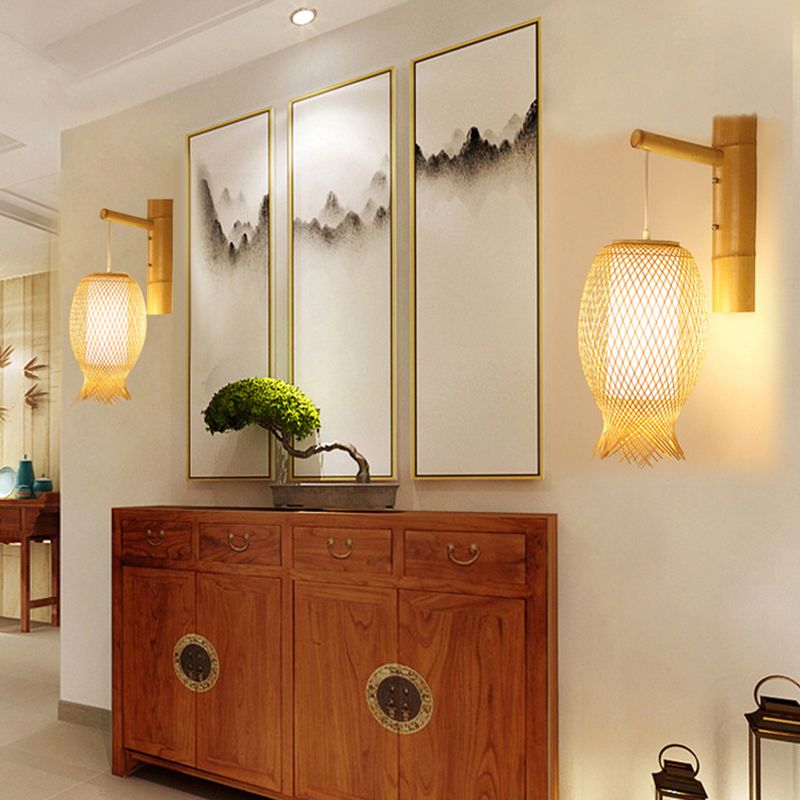 In tema Sconce Contemporary Bamboo 1 lampadina in legno con lampadina con tonalità di pergamena in cilindro bianco interno