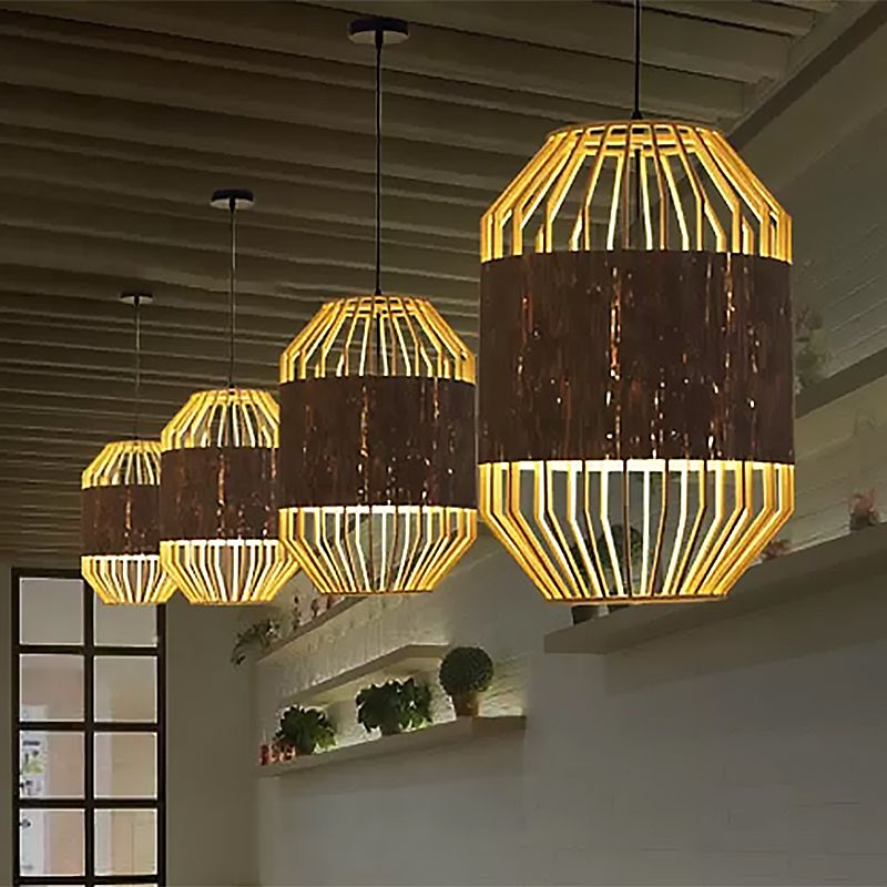 Countryside Cylindrical Ceiling Lighting Bamboo and Wood 1 Bulb Beige Pendant Lamp for Dining Table