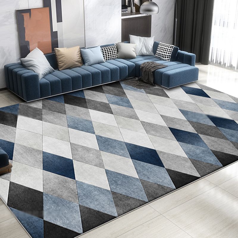 Contemporary Checked Pattern Rug Grey and Blue Polyester Carpet Washable Anti-Slip Backing Pet Friendly Indoor Rug for Bedroom