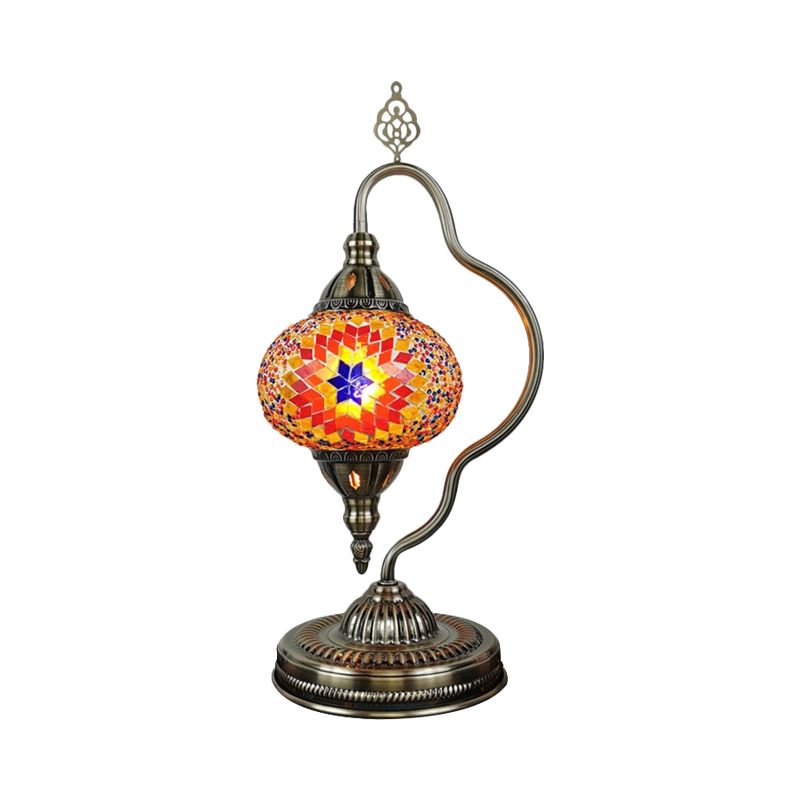 Stained Art Glass Globe Table Lamp Art Deco 1 Head Restaurant Night Light with Curvy Arm in White/Red/Yellow