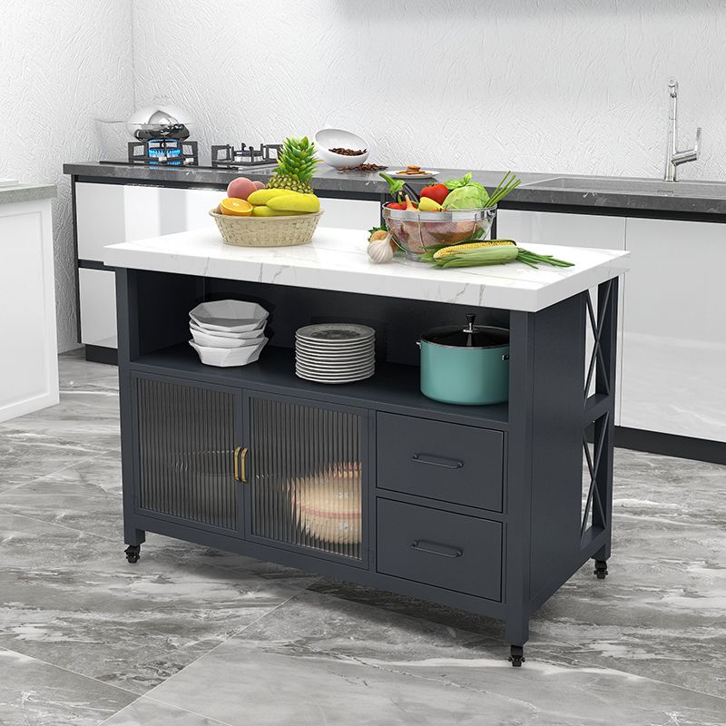 Modern Style Marble Kitchen Trolley Stationary Kitchen Trolley with Double Sided Cabinet