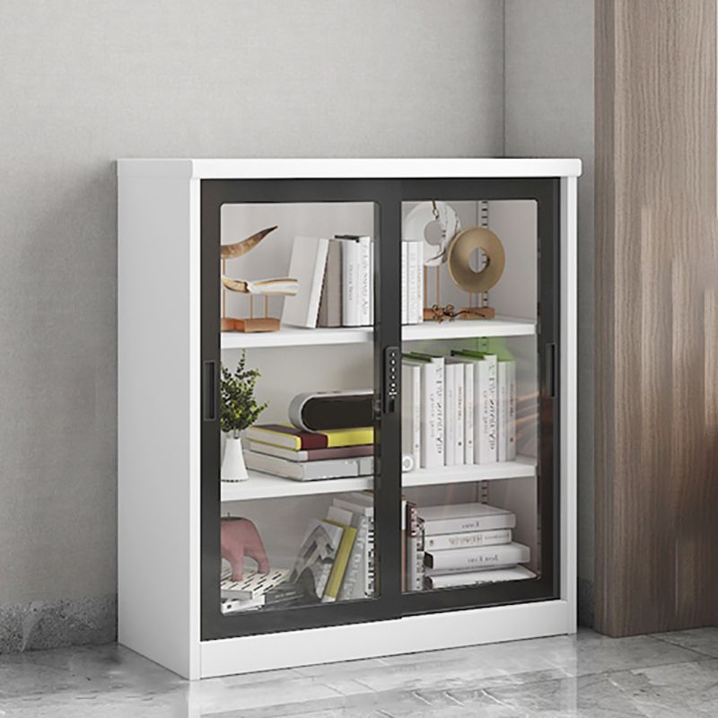 14.9" Wide Whit Bookcase Modern Stainless Steel and Glass Book Shelf With Doors