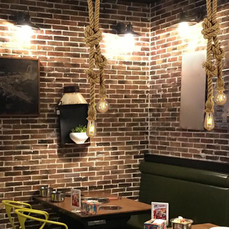Natural Hemp Rope Hanging Light Retro Industrial Bare Bulb Single Light Ceiling Pendant for Bar Coffee Shop